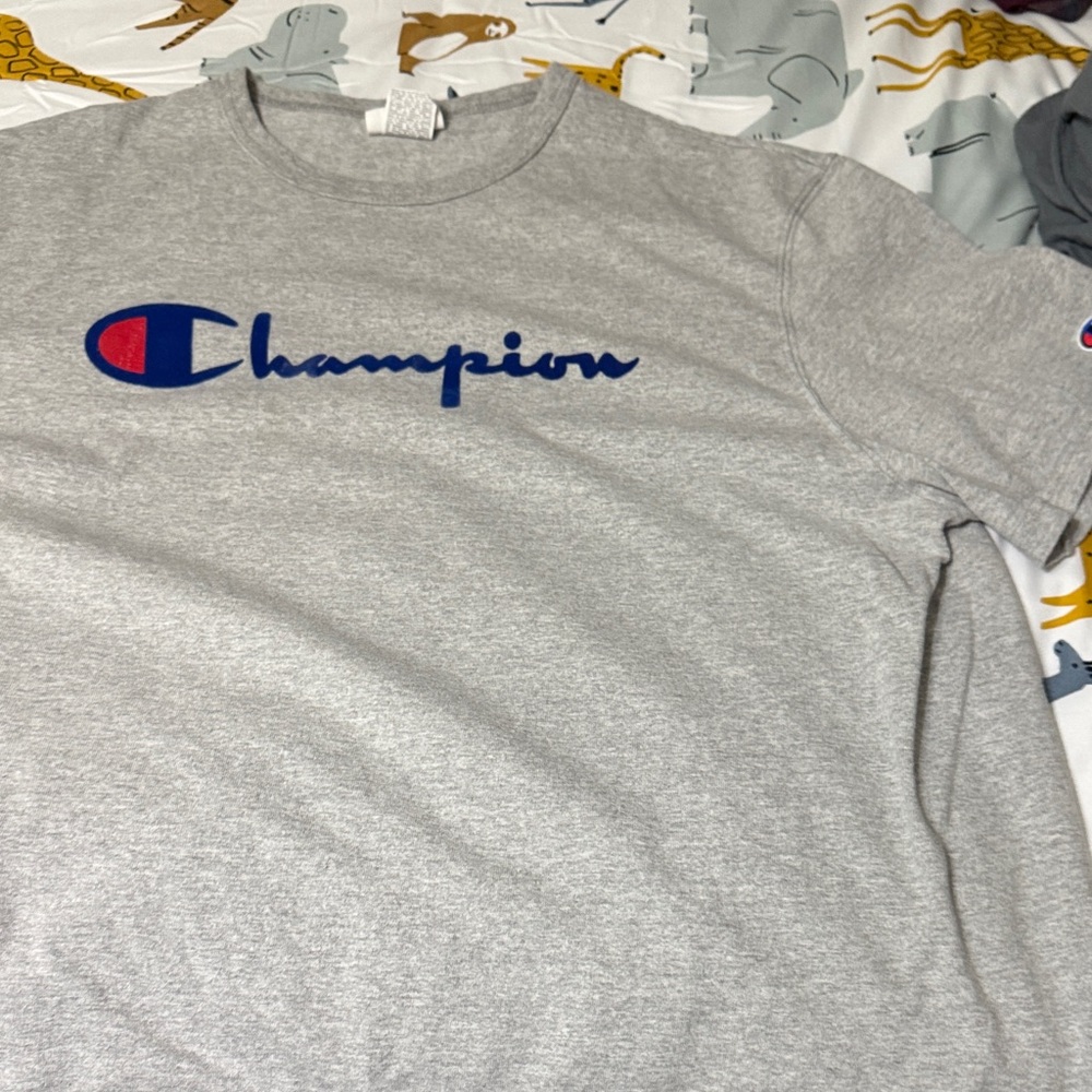 Champion Heather Gray Tee with Blue and Red Logo